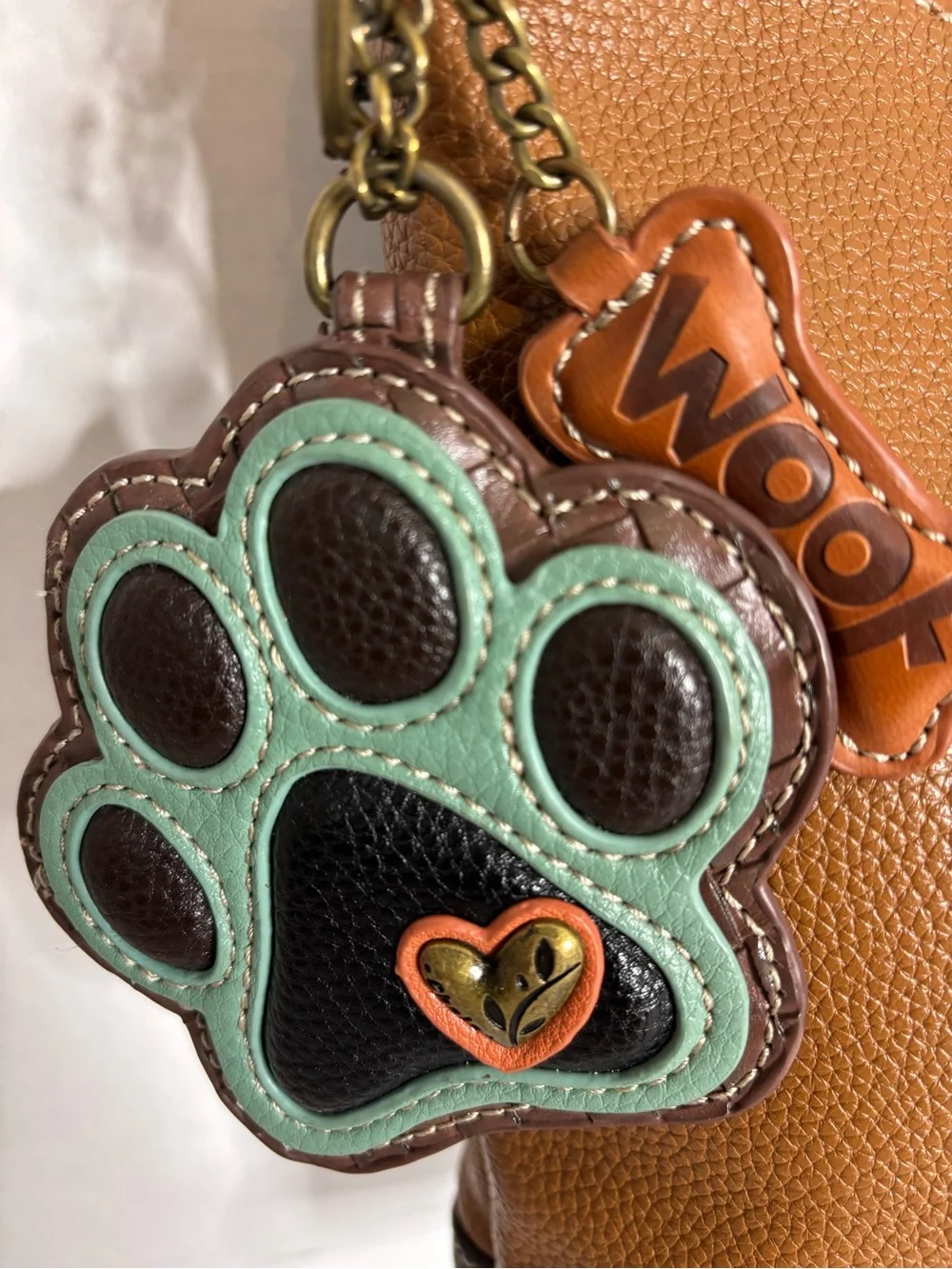Chala Brown Paw-Applique Crossbody Bag with Contrast Trim